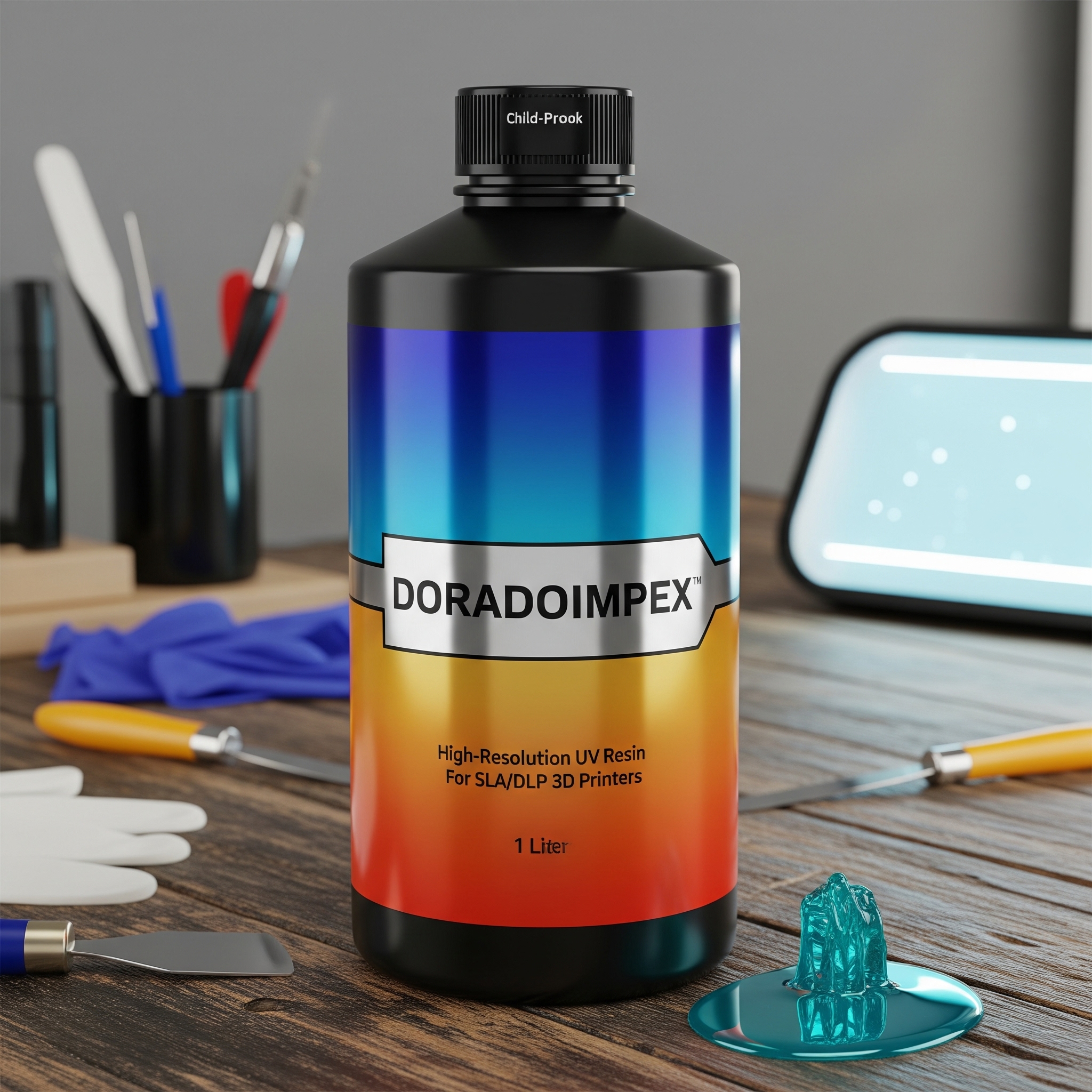 Five resin bottles in a row